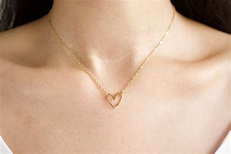 Heart Necklace Dainty Open Heart Necklace Gold Heart Outline Etsy