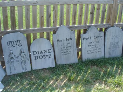 20 funny tombstone sayings for halloween 2019 diy halloween tombstones halloween tombstones, halloween Here are 30 of the 31 I've made over the past 10 months. I'm aging them today. | Halloween ...