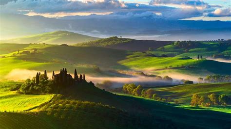 1920x1080 Wallpaper Italy Tuscany Fields Trees Top View Fog