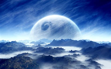 Mountain Sky Landscape Blue Cloud Planet Sci Fi White Wallpaper