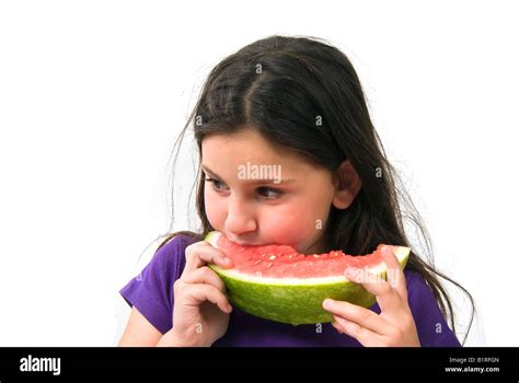Girl Eating Watermelon Isolated On White Background Stock Photo Alamy