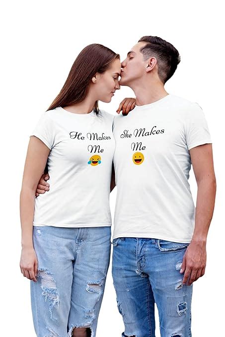 Buy Adt Photo Ts Woman And Men Polyster White T Shirt For Couple With Quote He Makes Me Laugh