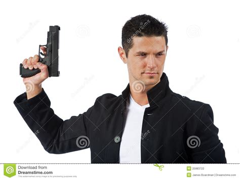 Man Isolated On White Holding A Hand Gun Stock Photography