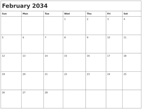 February 2034 Month Calendar