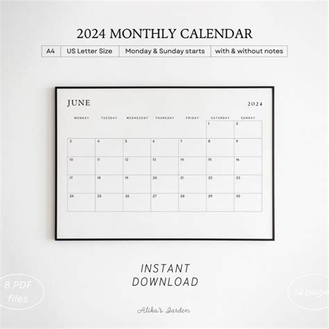 2024 Monthly Minimalist Calendar Modern Landscape Printable Etsy In