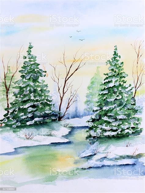 Watercolor Painting Of Snow Scene With A River And Trees