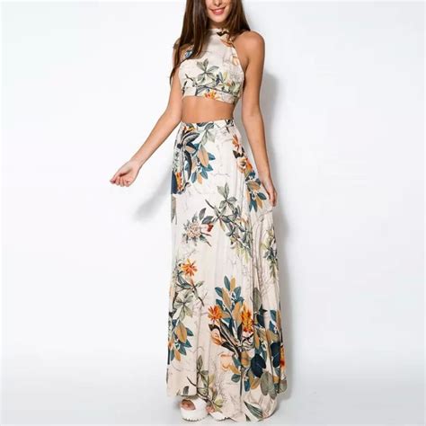 fashion 2 piece summer women dress set crop tops bodycon long maxi skirt party floral beach
