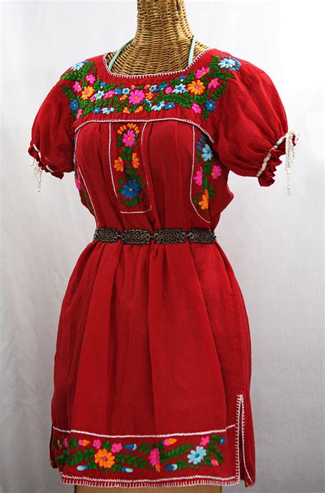 La Antigua Mexican Embroidered Peasant Dress Red Fiesta