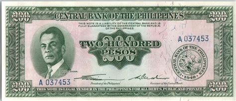 The page provides data about today's value of two hundred pesos in united states dollars. Billet Philippines 200 Pesos - Manuel Quezon - 1949