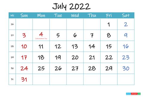 Printable July 2022 Calendar Pdf Template Ink22m67