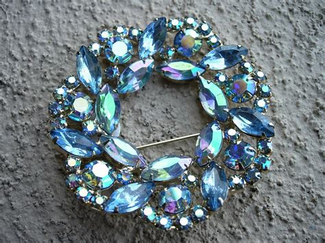 Vintage Pin Blue And Aurora Borealis Crystal Faceted Pin Or Etsy