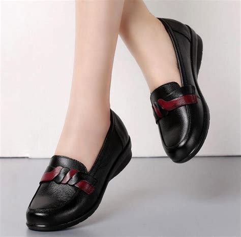 Genuine Leather Womens Shoes Flats Black Breathable Soft Bottom Non