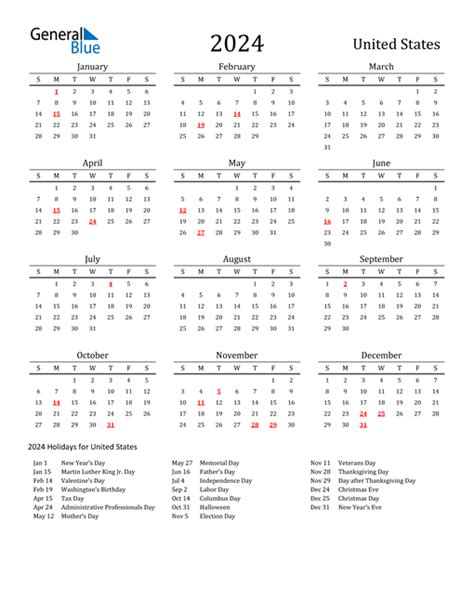 Monday Federal Holidays Blank Calendar