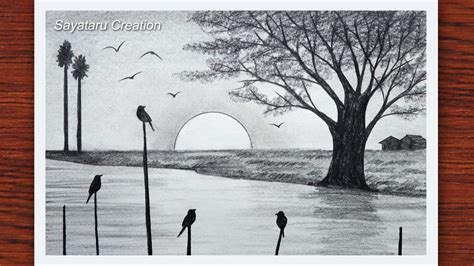How To Draw Simple Sunrise Scenery With Pencil Sketch Landscape