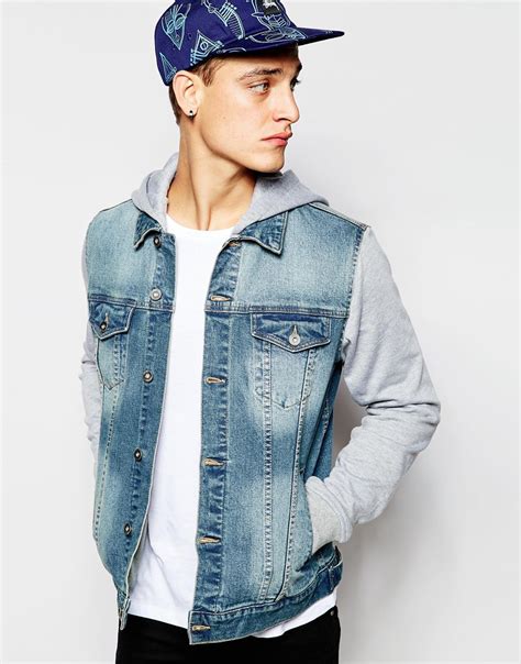 Asos Denim Jacket With Jersey Sleeve And Hood In Blue For Men Lyst