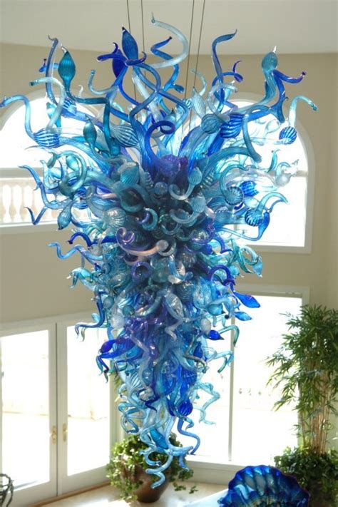 Popular Blue Glass Long Chandelier Art Decoration Chihuly Style Hand