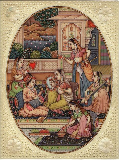 Mughal Indian Miniature Art Handmade Watercolor Mogul Period Harem Folk Painting Painting By