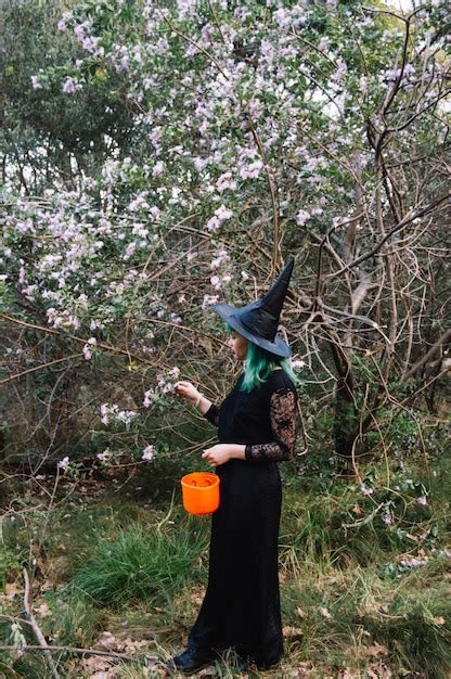 Free Photo Woman Witch At Flowered Tree