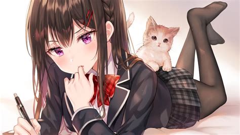 Anime Girl Studying Student Uniform Cute Cat 4k 4