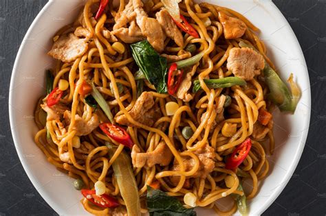 Wok Stirfry Egg Noodles With Fried Containing Asian Background And