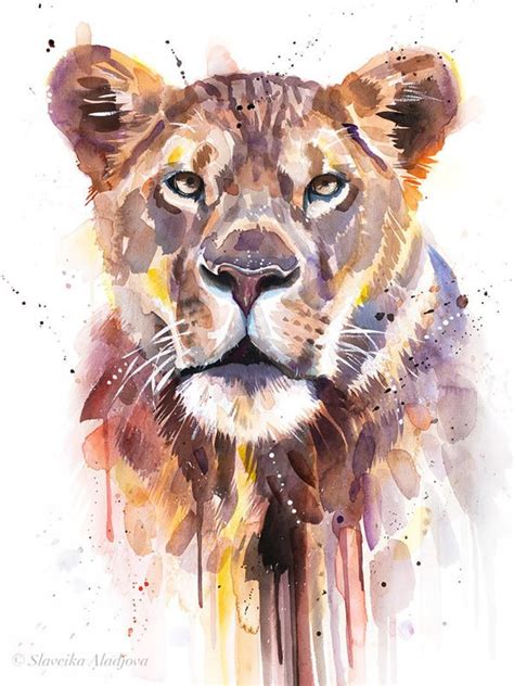 African Lioness Watercolor Painting Print By Slaveika Etsy