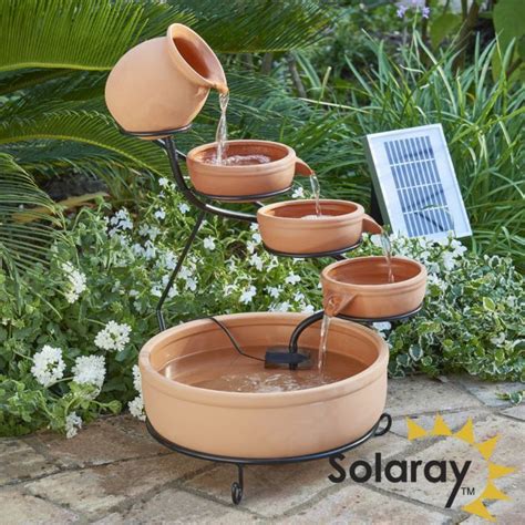 55cm Terracotta Solar Cascade Water Feature With Battery Backup And Led