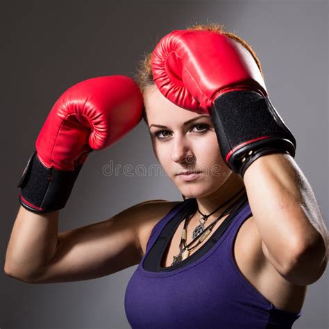 Portrait Of Beautiful Girl With Red Boxing Gloves Stock Photo Image