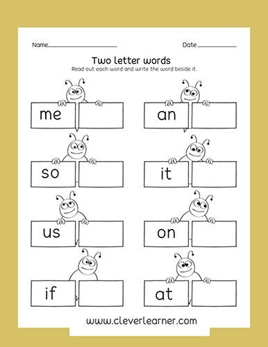 Two Letter Words Reading Writing And Matching Worksheets For Preschool