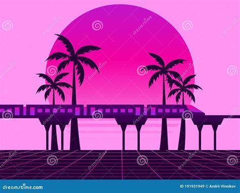 Futuristic Palm Tree And Sun Seamless Pattern Synthwave Retro