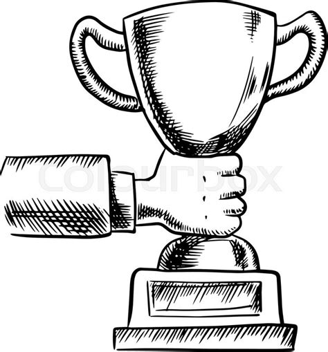 Sketch Of Businessman Hand Holding Trophy Cup Or Award For Success