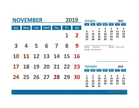 Printable Calendar November 2019 With Holidays 1 Month On 1 Page