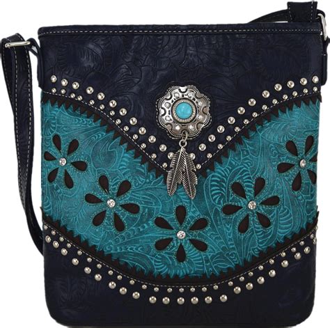 Western Style Tooled Leather Cross Body Handbags Concealed Carry Purse