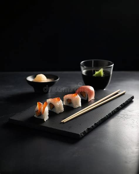 A Black Plate Topped With Sushi And Chopsticks Ai Generative Image