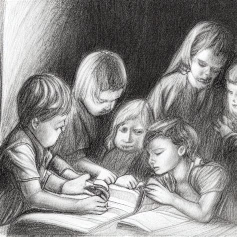 Seven Children Reading The Bible Pencil Sketch Arthubai