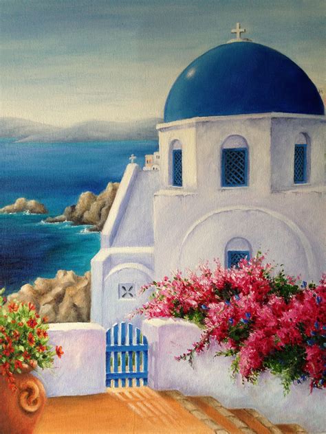 Watercolor Painting Santorini Greece Pinturas Paisajes Marinos