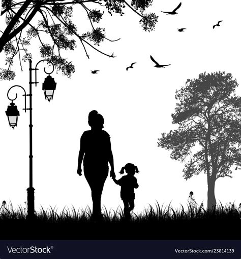 Mother And Daughter Silhouette Walking Together Vector Image