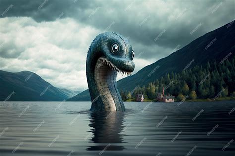 premium photo scottish mythology loch ness monster floating in water against backdrop of hills