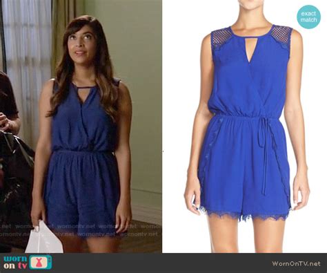Wornontv Ceces Blue Lace Trim Romper On New Girl Hannah Simone Clothes And Wardrobe From Tv