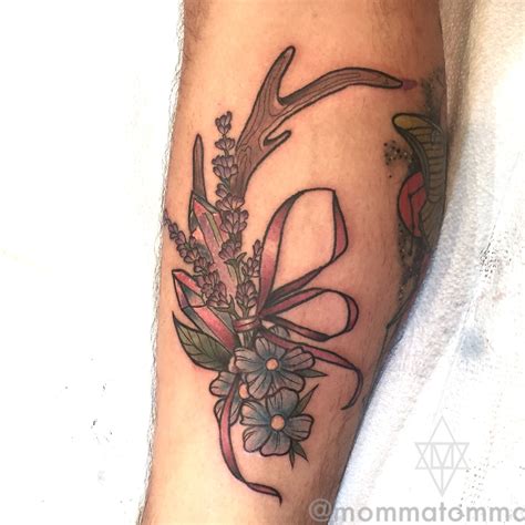 Antler And Ribbon Flower Tattoo By Momma Tomma Flower Tattoo Tattoos
