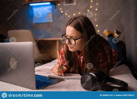 College Woman Student Studying Doing Homework Preparing For Exams Lying