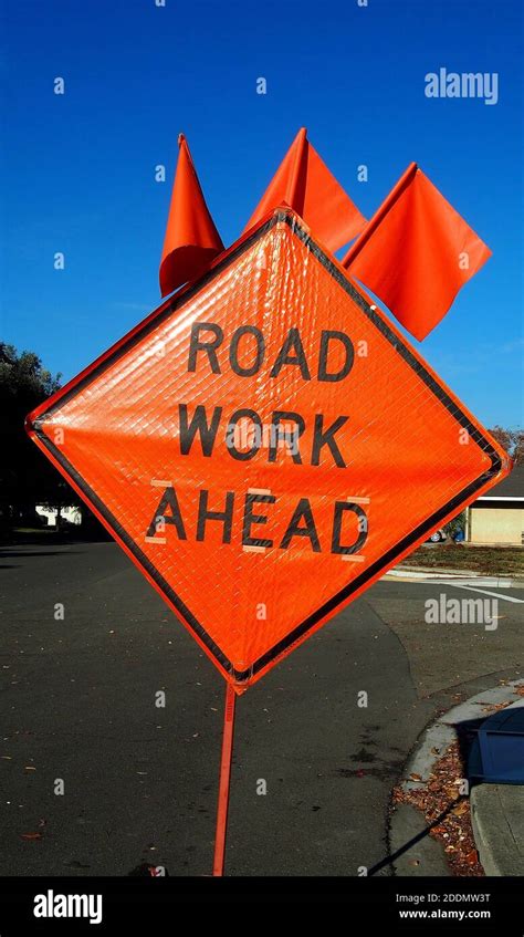 Road Work Ahead Temporary Traffic Sign Onroad In California Stock