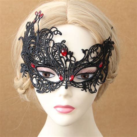 Handmade Womens Sexy Red Stone Black Lace Flower Face Eye Mask Hair