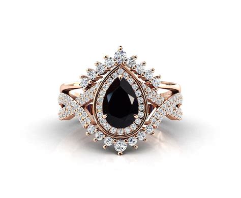 Natural Black Onyx Wedding Ring Set Art Deco Onyx Engagement Etsy
