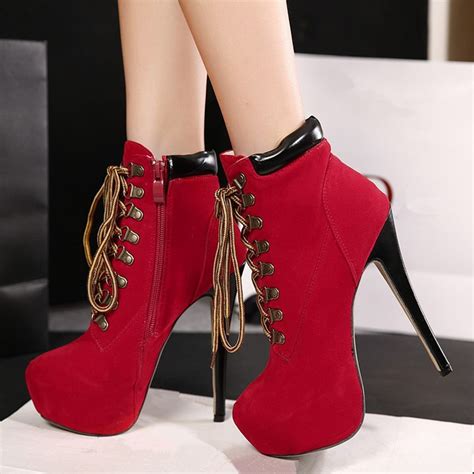 sexy high heels boots women autumn winter ankle boots platform lace up round toe ladies martin