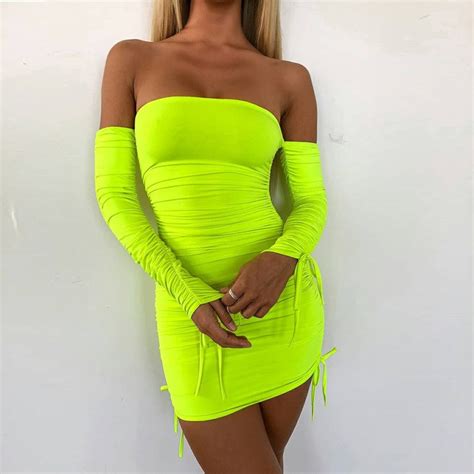 Off Shoulder Neon Sexy Dress Club Mini Womens Bodycon Dress Long Sleeve