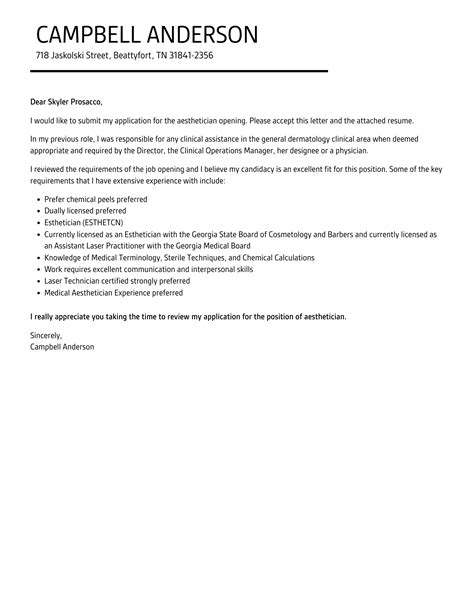 Aesthetician Cover Letter | Velvet Jobs