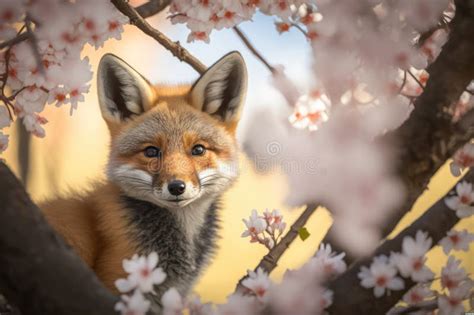 Close Look Of Baby Fox Under Cherry Blossom Tree Stock Image Image Of