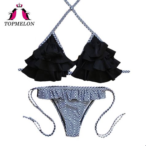 Topmelon Bikini 2018 Sexy Women Swimwear Ruffle Push Up Bodysuit Stripe Bathing Suit Beachwear