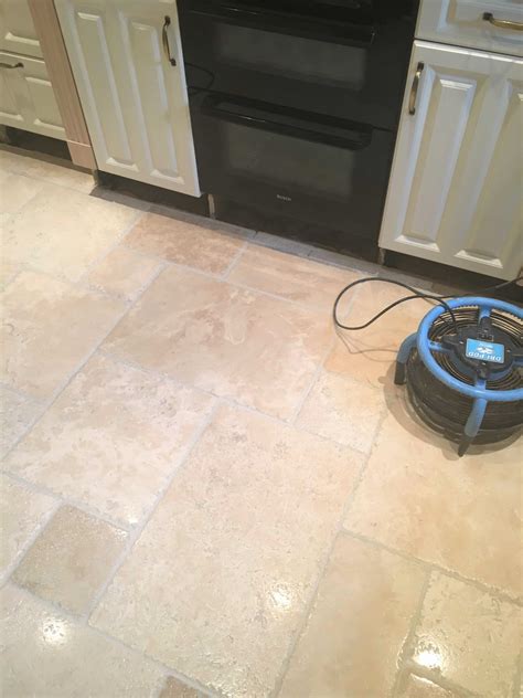 Deep Cleaning Tumbled Travertine Kitchen Tiles In Godstone East Surrey