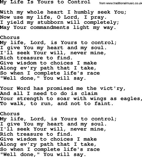 Baptist Hymnal, Christian Song: My Life Is Yours To Control- lyrics